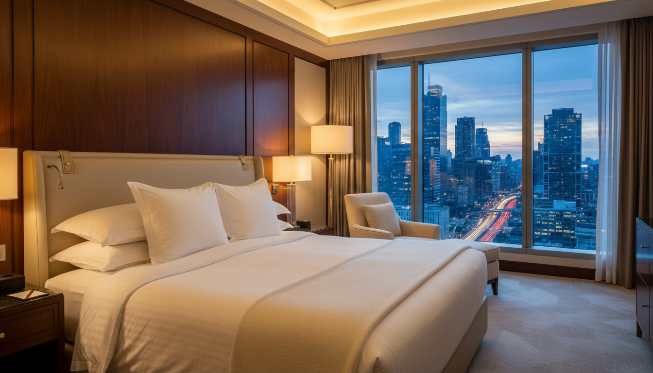A luxurious, upgraded hotel suite with a beautiful city view at dusk