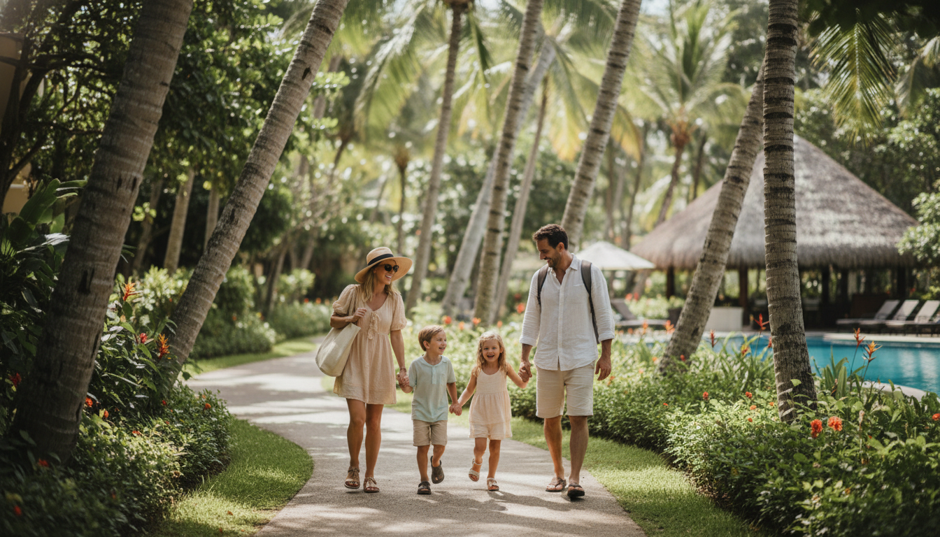 Family walking through a tropical resort pathway