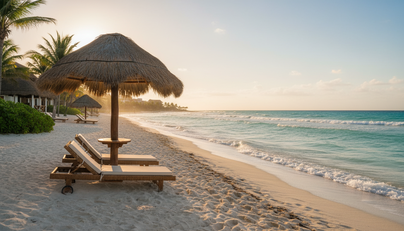 Serene beach resort in Mexico at sunrise with empty lounge chairs
