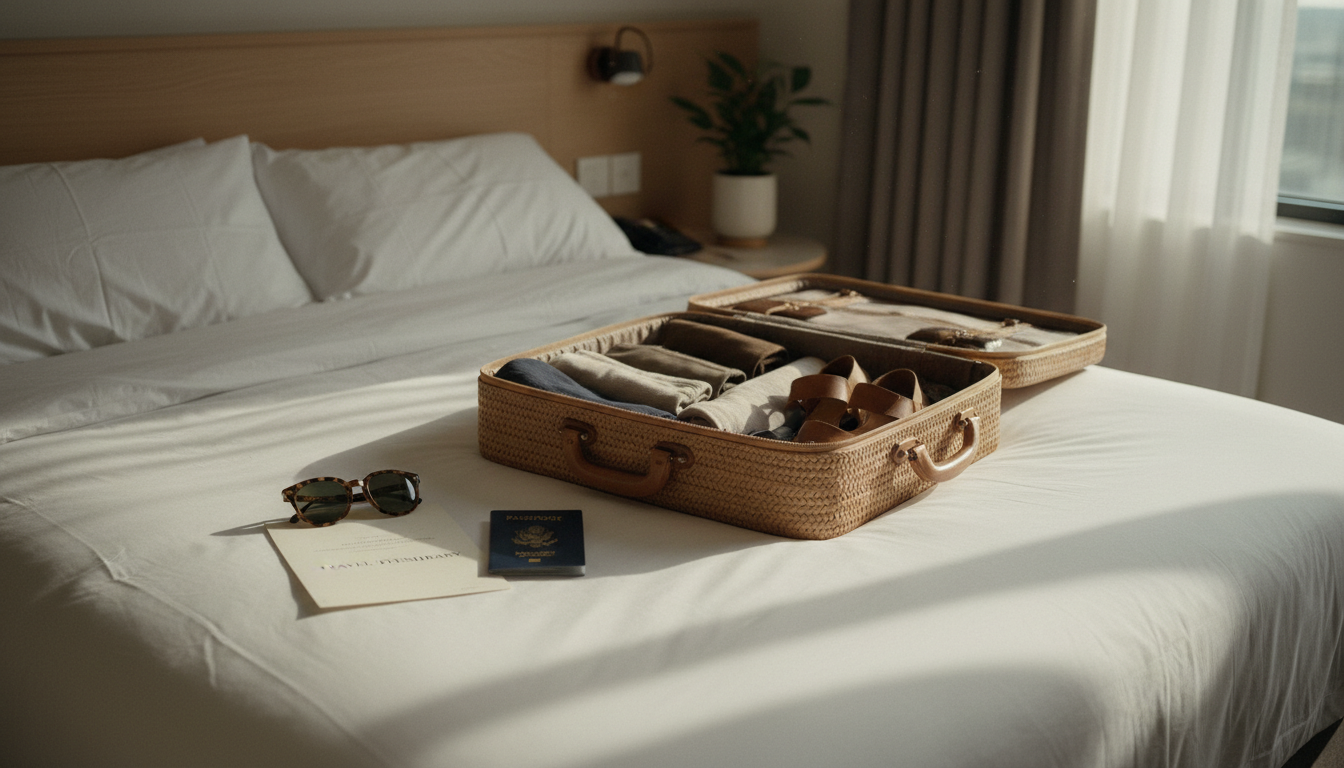 An organized suitcase and printed itinerary reflecting a completed family vacation planning timeline