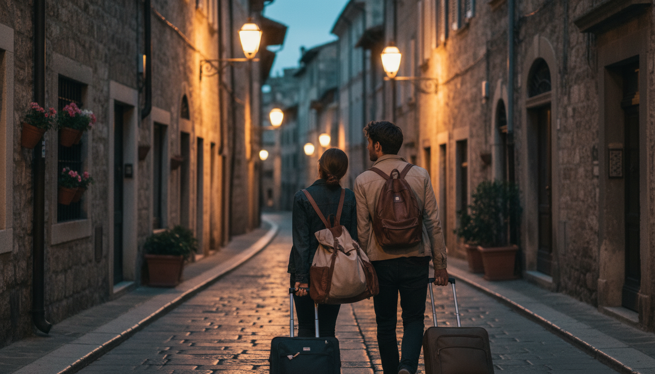 How I Choose a Hotel Without Losing My Mind or My Money 2 A couple dragging suitcases down a cobblestone street arriving at their destination