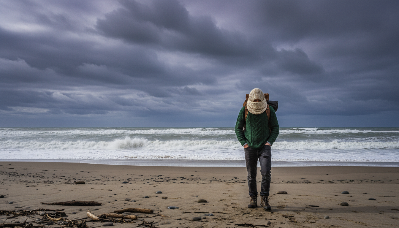 Traveler walking alone on an overcast, moody beach wearing warm clothes
