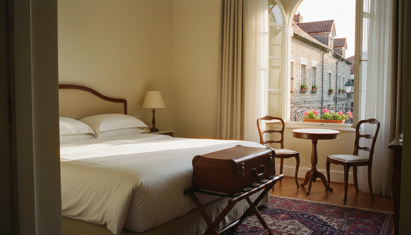 Cozy and affordable hotel room with morning sunlight in a European city