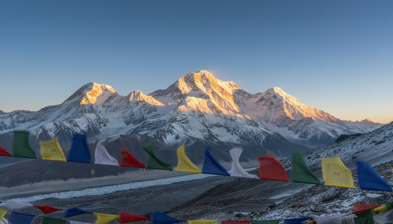 Stunning golden sunrise illuminating Mount Kanchenjunga with vibrant prayer flags in the foreground representing a Sikkim travel bucket list adventure