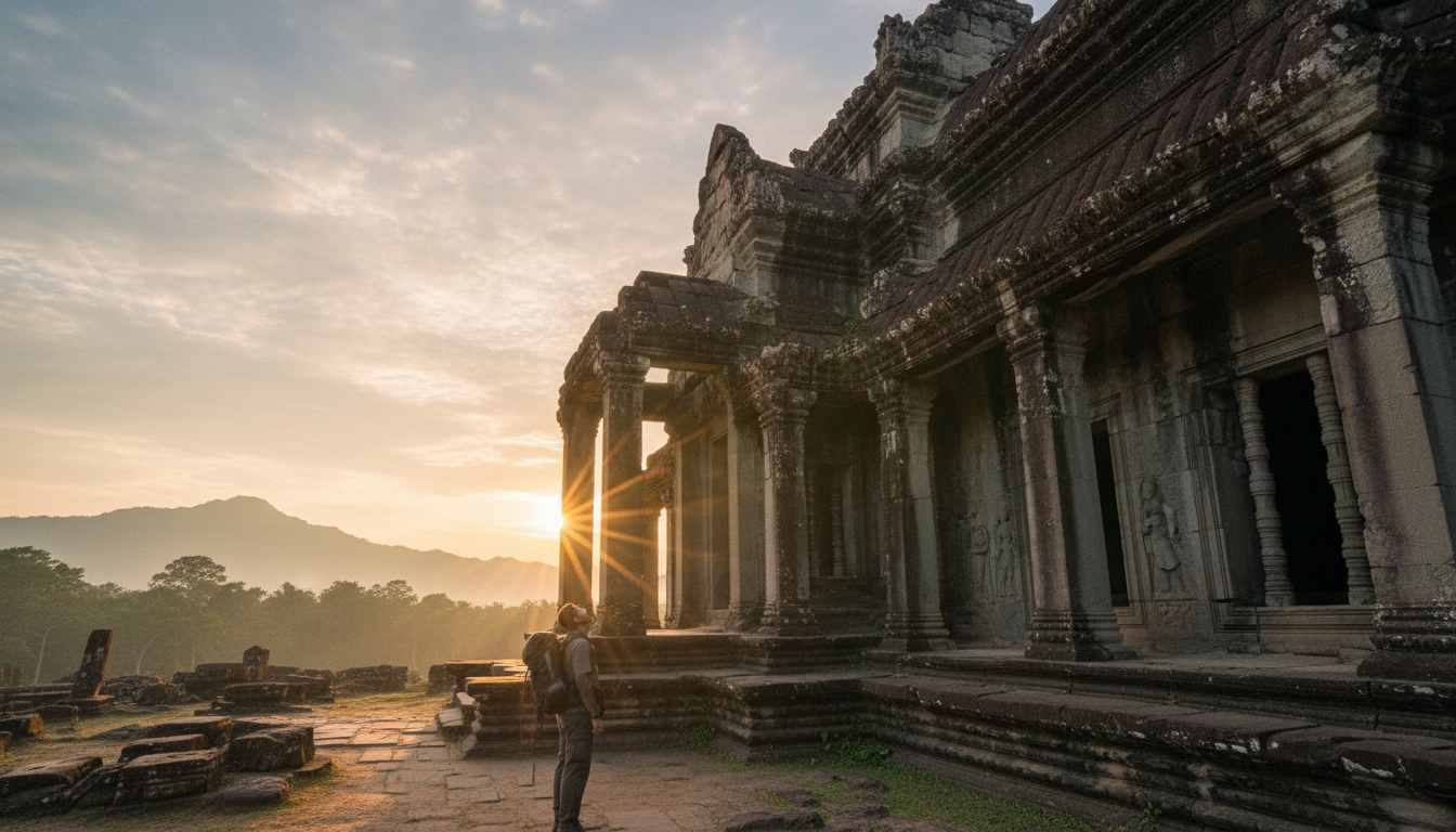 importance of historical monuments at sunrise with traveler