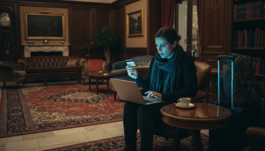 Traveler looking at a laptop screen in a hotel lobby late at night