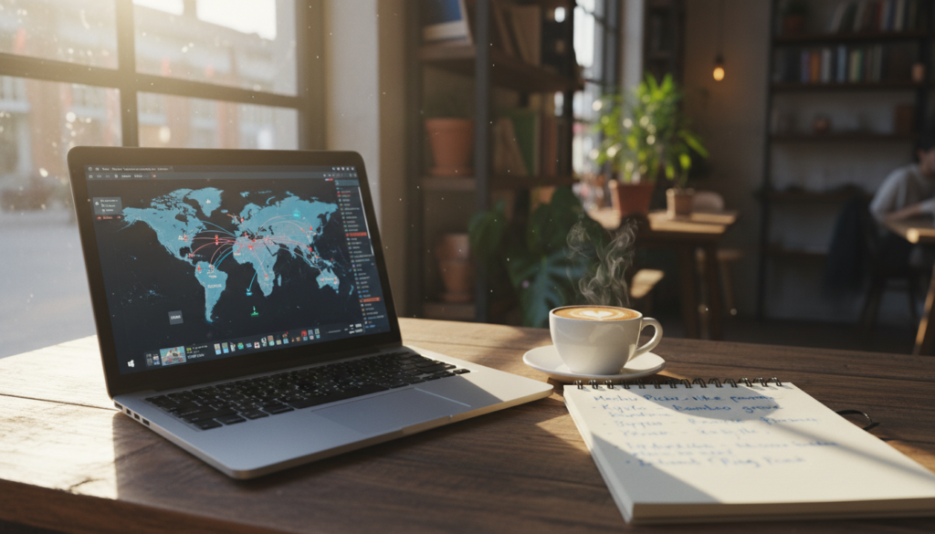 Person using a laptop and notebook to find the best travel deals in a sunny cafe
