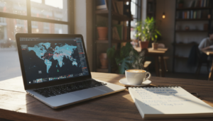 Person using a laptop and notebook to find the best travel deals in a sunny cafe
