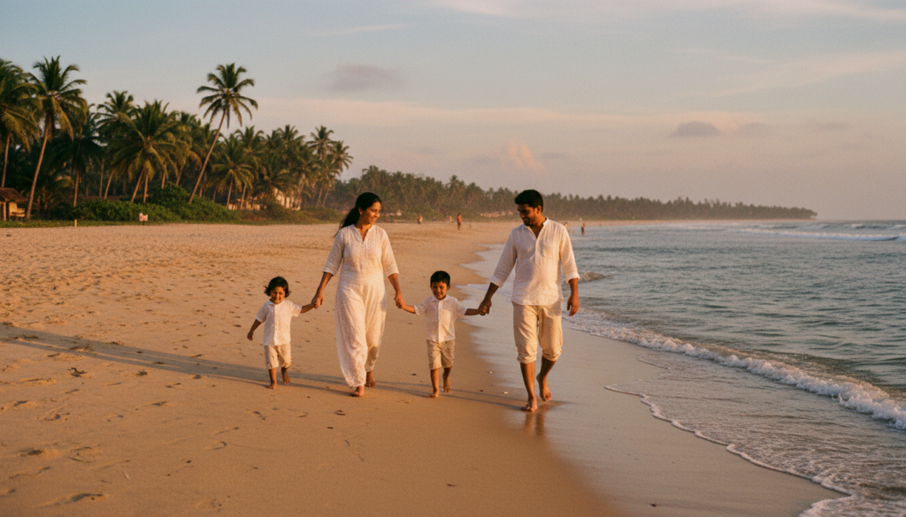 A happy family walking on a beautiful beach in Goa during a golden sunset