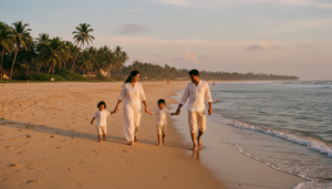 Ultimate Guide to the Best Travel Destinations 114 A happy family walking on a beautiful beach in Goa during a golden sunset
