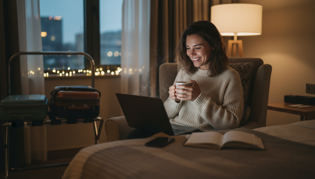 A traveler smiling in a cozy room while searching for the best hotel room deals on a laptop