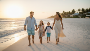 A happy family holding hands on a beautiful beach during their relaxing family holiday package vacation