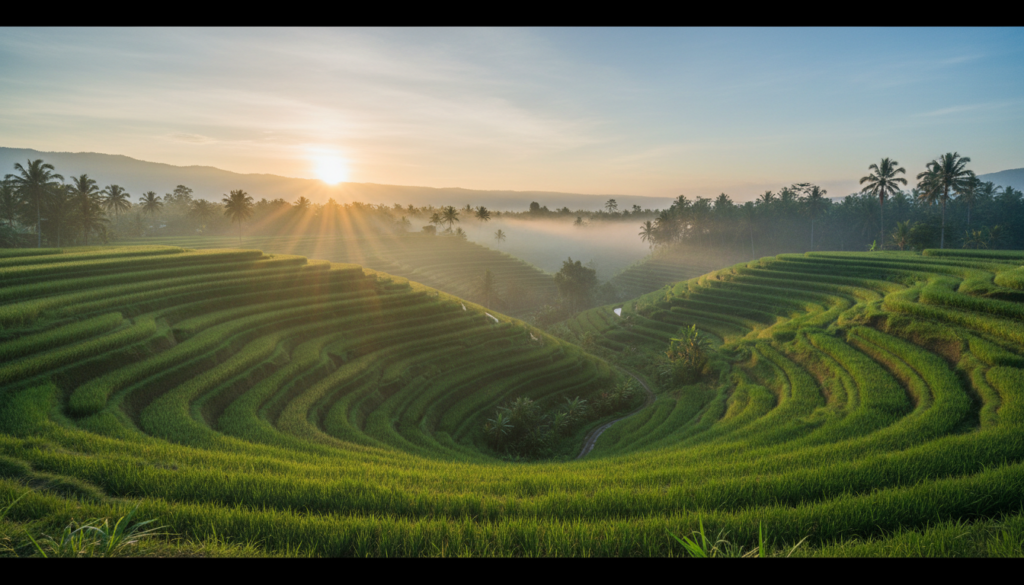 A stunning golden sunrise illuminating the vibrant green Tegalalang rice terraces in Bali