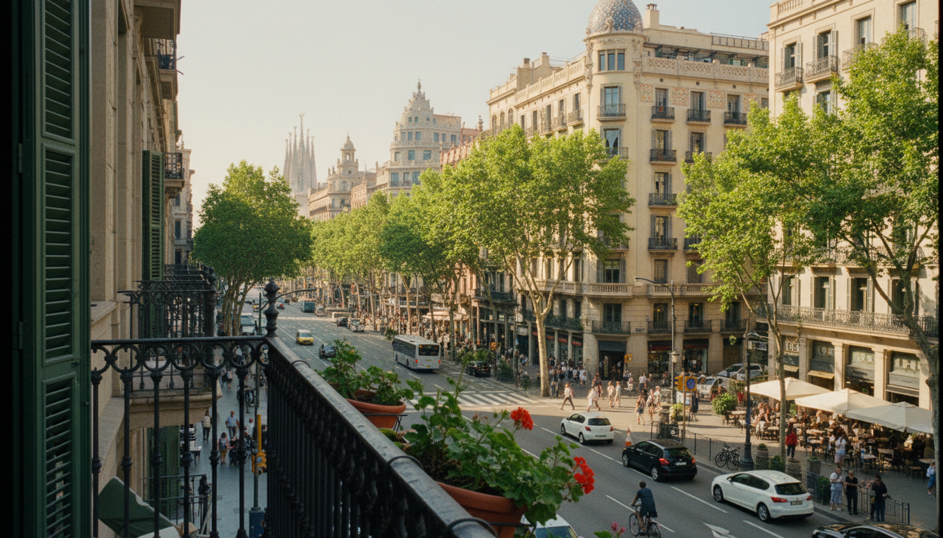 View from a balcony of a modernist street in Barcelona Eixample district