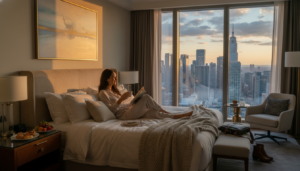 Ultimate Guide to the Best Travel Destinations 114 Traveler relaxing in a luxury hotel room enjoying the sunset view.
