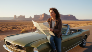 Traveler sitting on a car hood looking at a map during a vacation in America