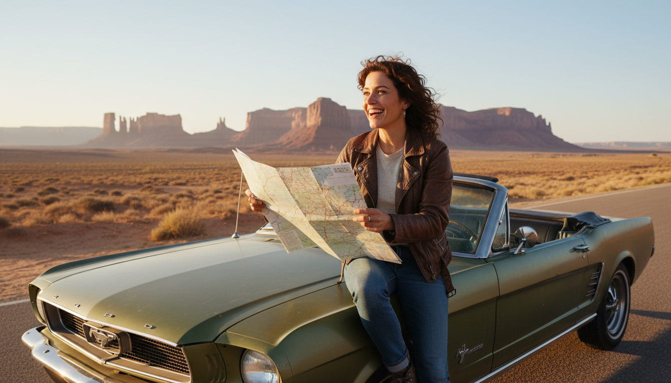 Traveler sitting on a car hood looking at a map during a vacation in America