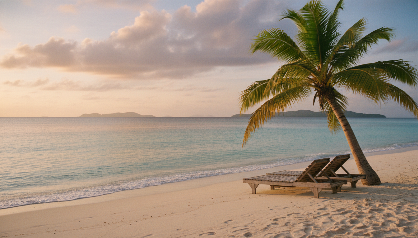 Tranquil morning view of a white sand beach and turquoise ocean during a peaceful resort vacation