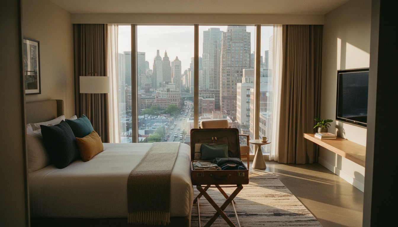 A sunlit modern hotel room set up for a long term monthly hotel stay with an open suitcase.