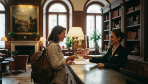 Traveler checking in at a European boutique hotel reception desk