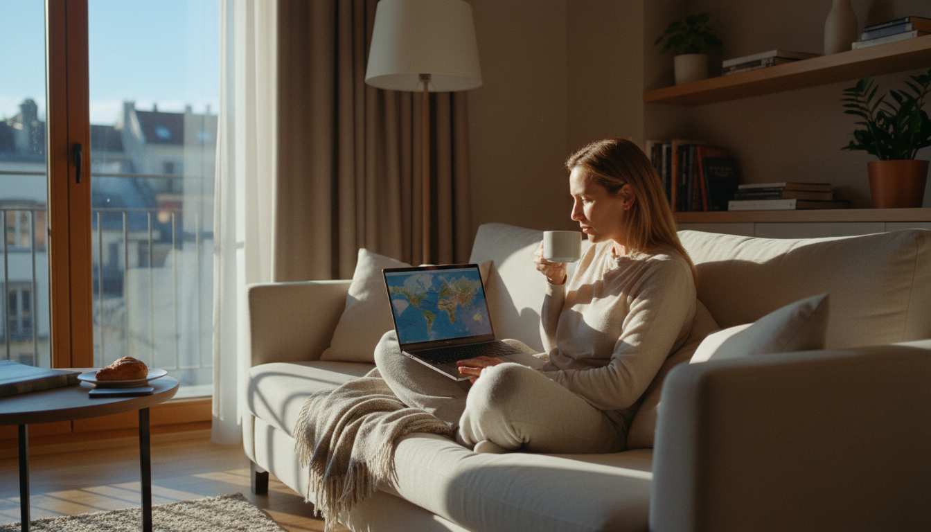 Traveler checking weekday hotel rates on a laptop in a sunny room