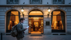 Ultimate Guide to the Best Travel Destinations 101 Traveler deciding whether to book a hotel online or in person at a European city hotel entrance at dusk