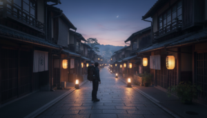 A traveler walking down a historic lantern-lit street in Kyoto, representing a Japan travel bucket list experience