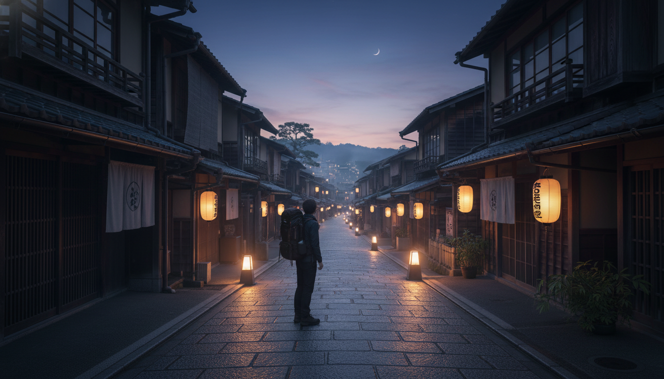 A traveler walking down a historic lantern-lit street in Kyoto, representing a Japan travel bucket list experience