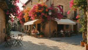 A beautiful historic street in Spain filled with bougainvillea and outdoor cafes representing a classic travel experience.