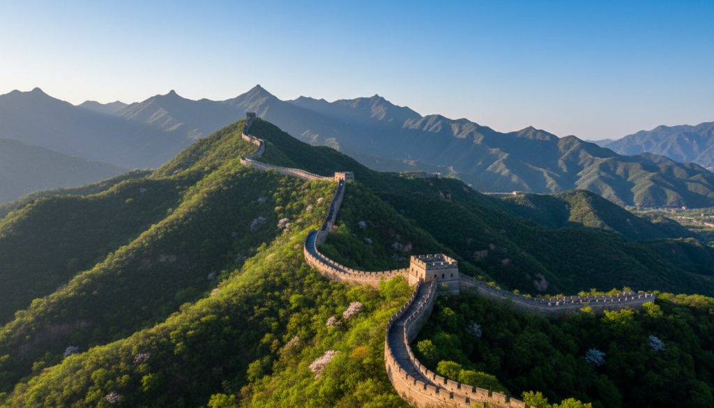 A breathtaking morning view of the Great Wall of China winding through lush green mountains