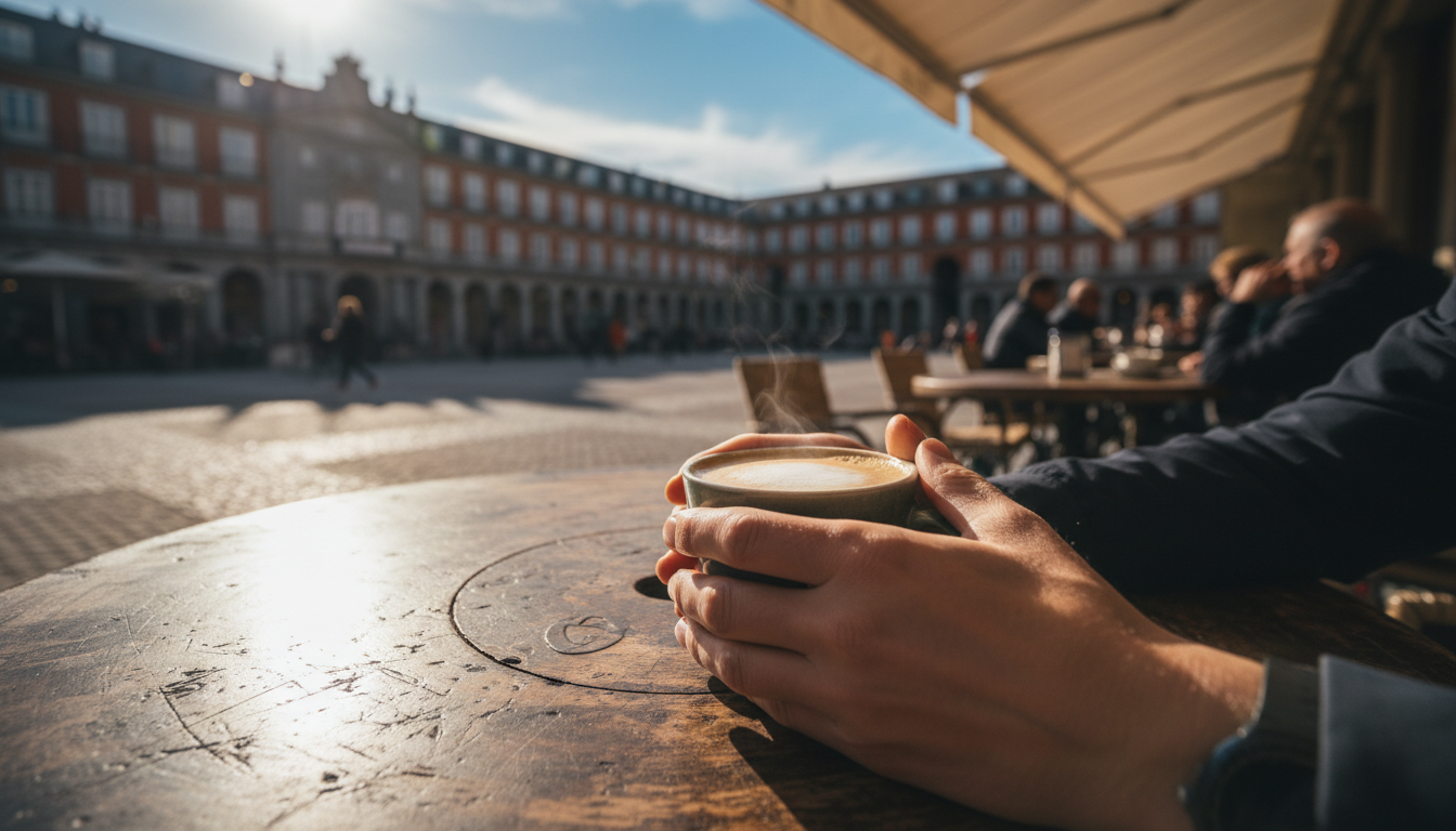 Enjoying a morning coffee at Plaza Mayor in Madrid