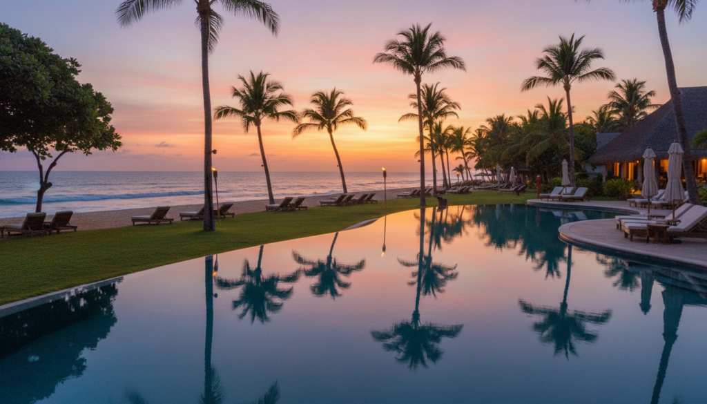 A stunning sunset view over a tropical beachfront luxury resort in Goa