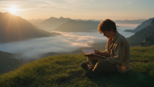 Traveler writing in a notebook on a mountain top planning a journey