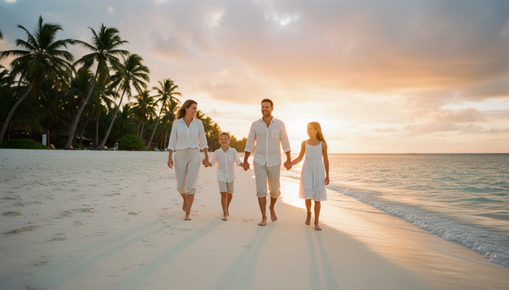 A happy family walking barefoot on a pristine tropical beach at sunset during an all inclusive family vacation