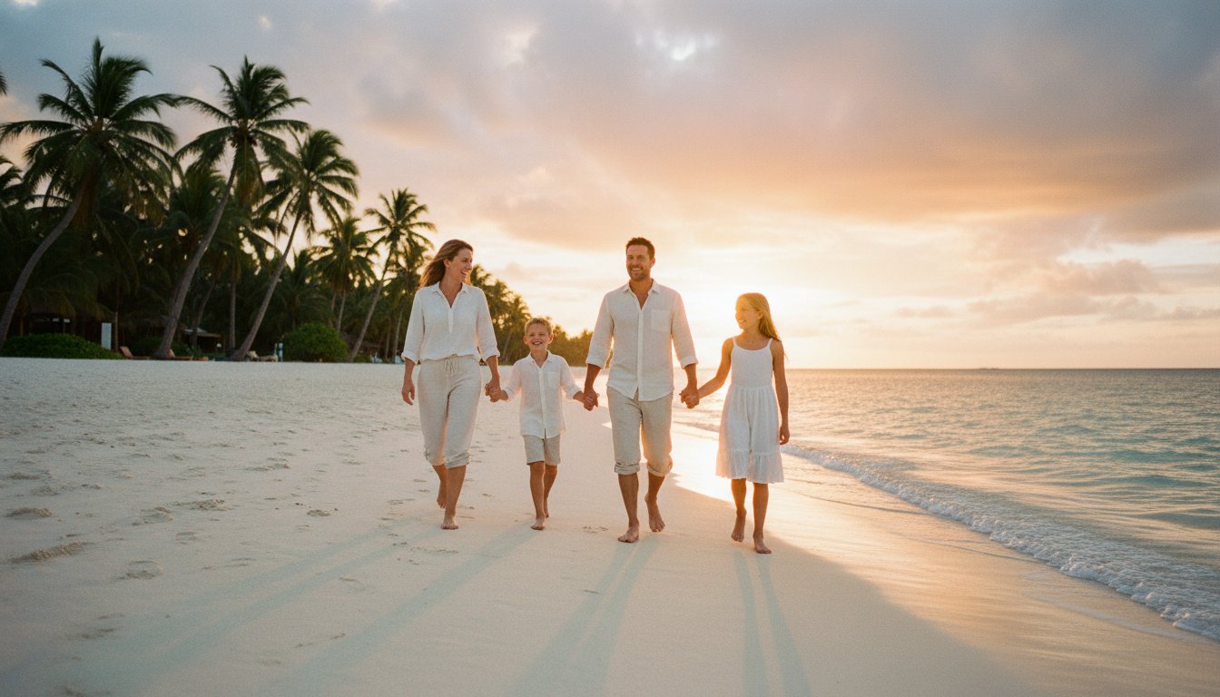 A happy family walking barefoot on a pristine tropical beach at sunset during an all inclusive family vacation