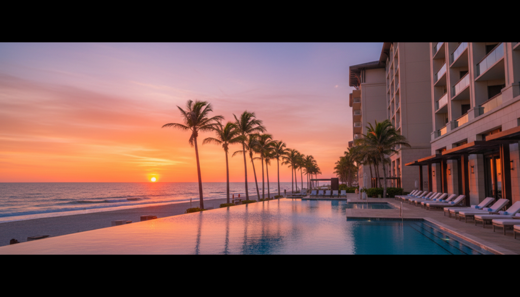 Luxurious Florida beachfront hotel infinity pool at sunset