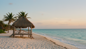 Pristine white sand beach and wooden cabana in Tulum at sunrise