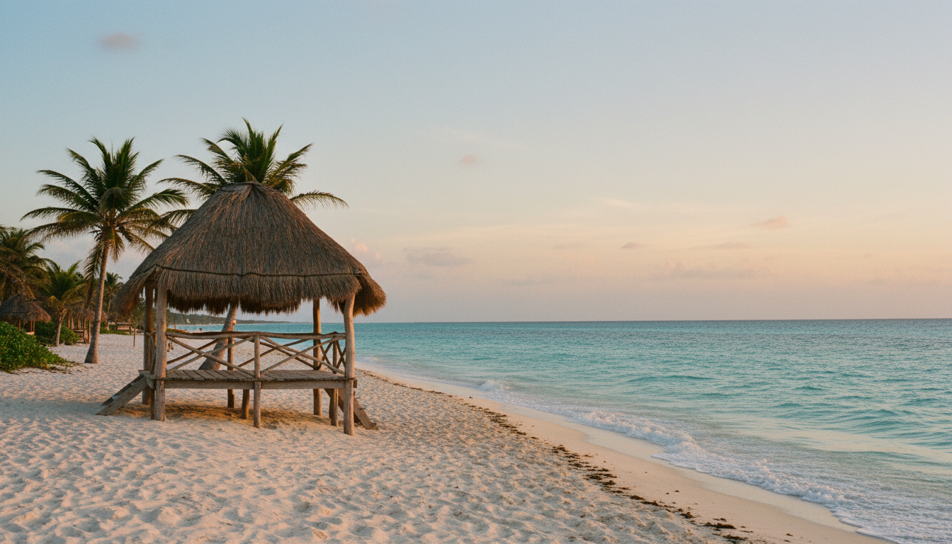Pristine white sand beach and wooden cabana in Tulum at sunrise