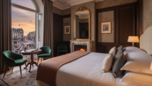 A beautifully decorated hotel room representing the comfort found through the best hotel room deals.