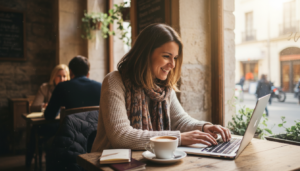 Traveler smiling at a laptop while searching for the best hotel deals in a cafe