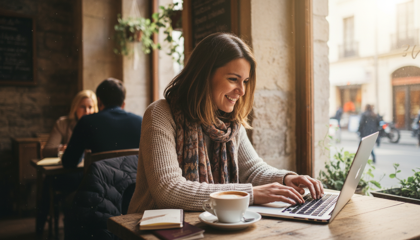 Traveler smiling at a laptop while searching for the best hotel deals in a cafe