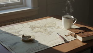 A vintage world map, leather journal, compass, and a cup of coffee on a wooden desk bathed in morning sunlight