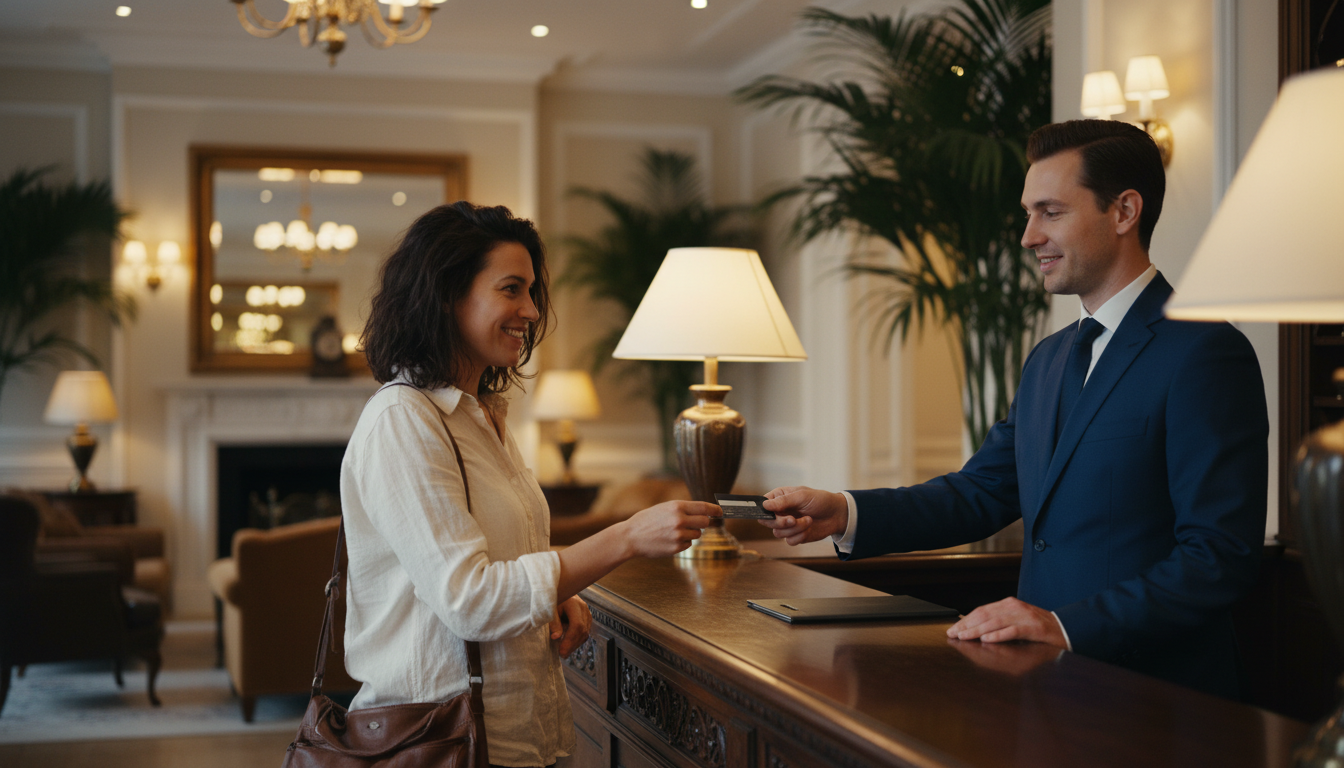 types of hotel discounts traveler at reception desk