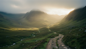 Misty morning view of the Scottish Highlands rugged landscape
