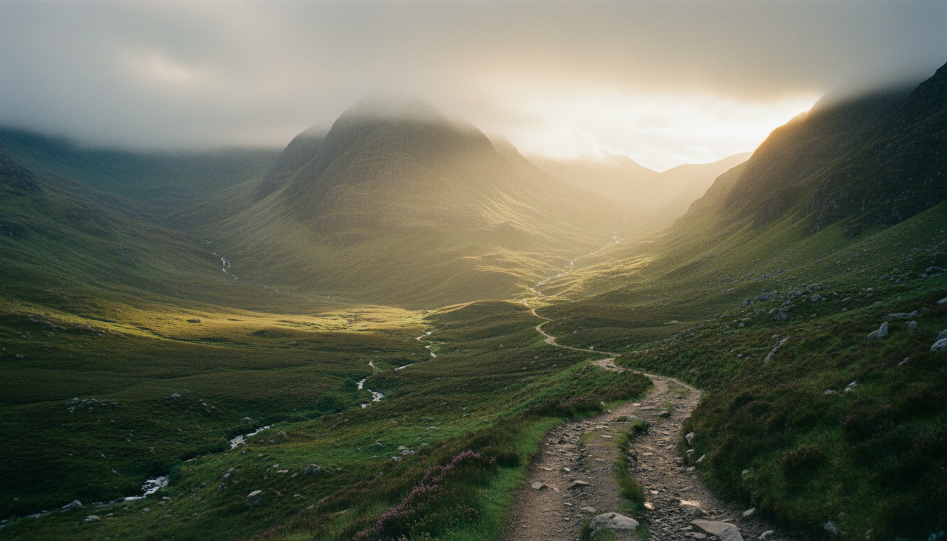 Misty morning view of the Scottish Highlands rugged landscape