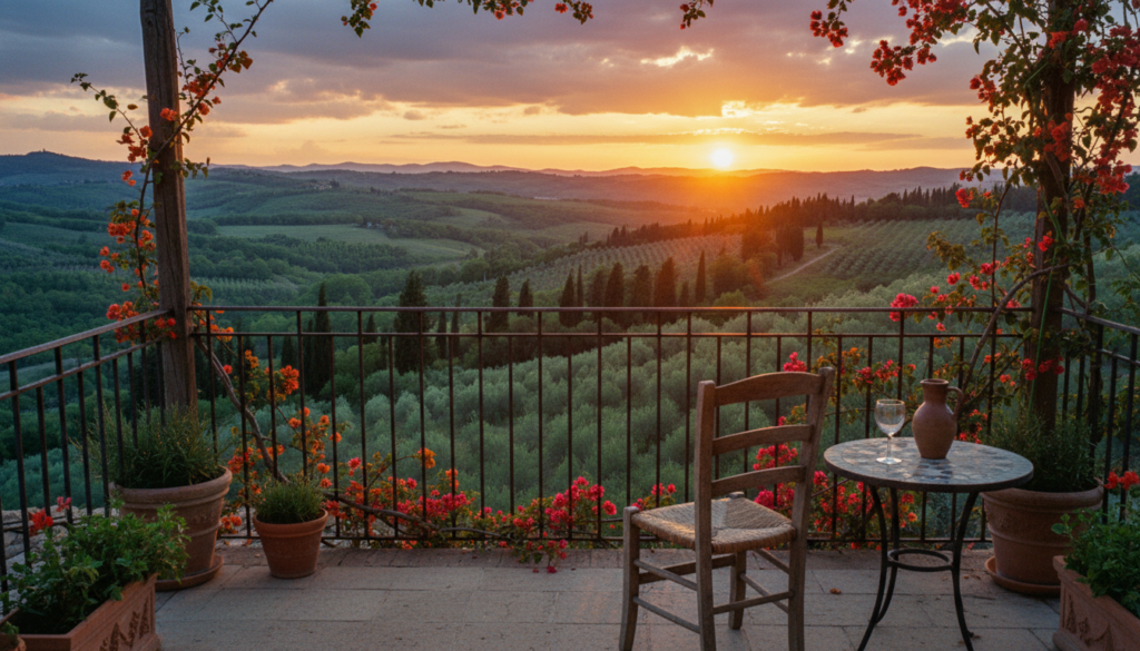 A rustic balcony overlooking a sun-drenched Tuscan landscape during sunset