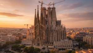 Stunning exterior view of the Sagrada Familia in Barcelona during golden hour