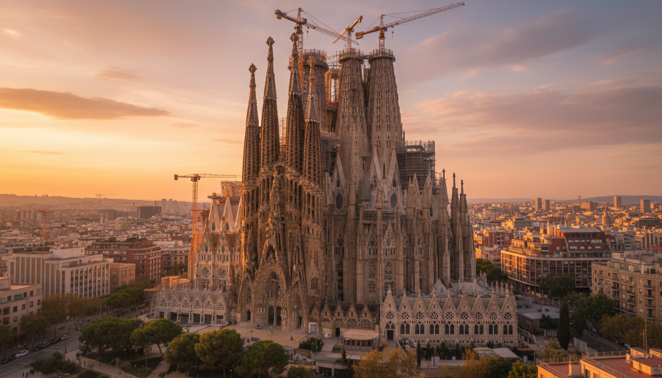 Stunning exterior view of the Sagrada Familia in Barcelona during golden hour