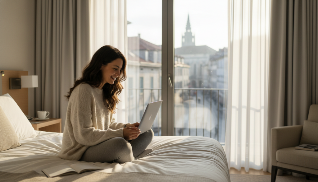 Traveler searching for the best hotel deals online on a laptop in a sunny hotel room
