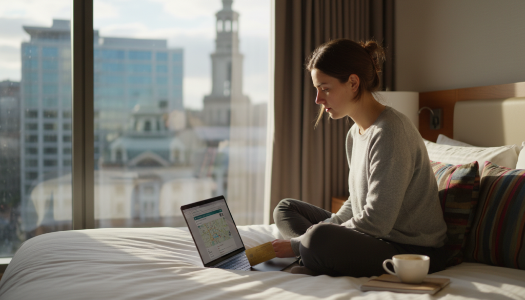A traveler sitting on a hotel bed searching for affordable accommodation on a laptop